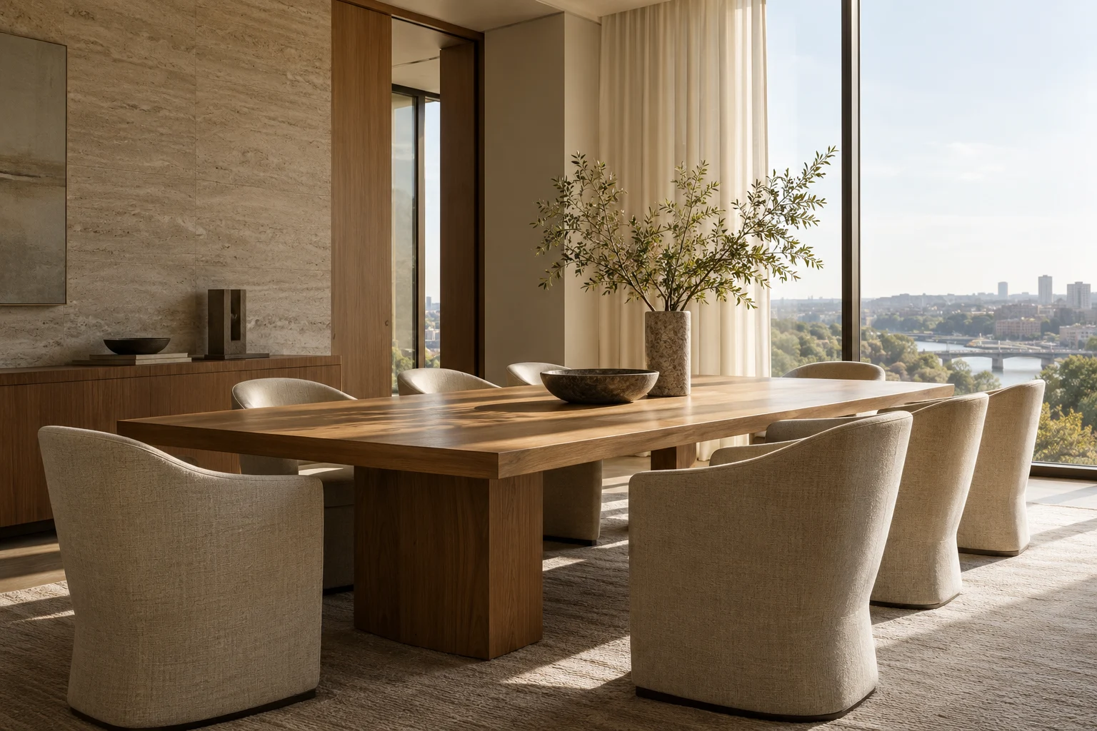 AI-generated architectural image of a fictional consultation room, with oak furniture and warm daylight
